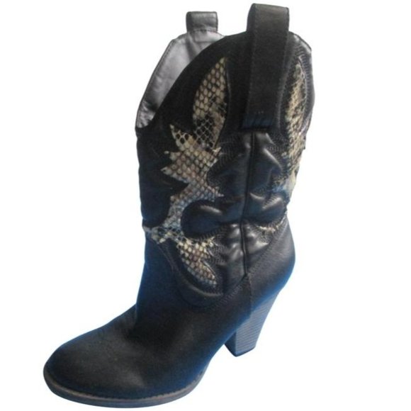 Mia Black Laurene Taupe  Cream Lizard Motif Pull On Cowboy Boots - Size 8.5 - Picture 1 of 11